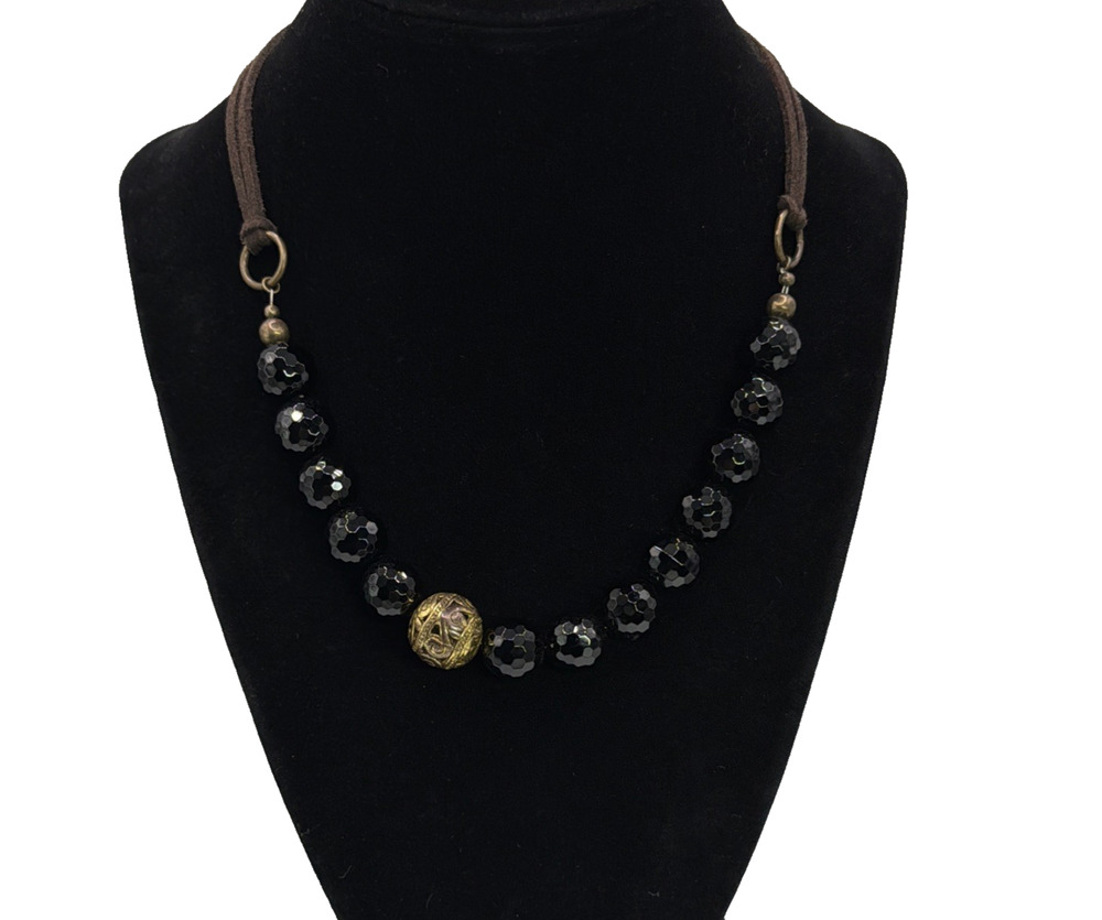 Black Faceted Glass Beaded Statement Necklace Filigree Metal Accent Bead Corded